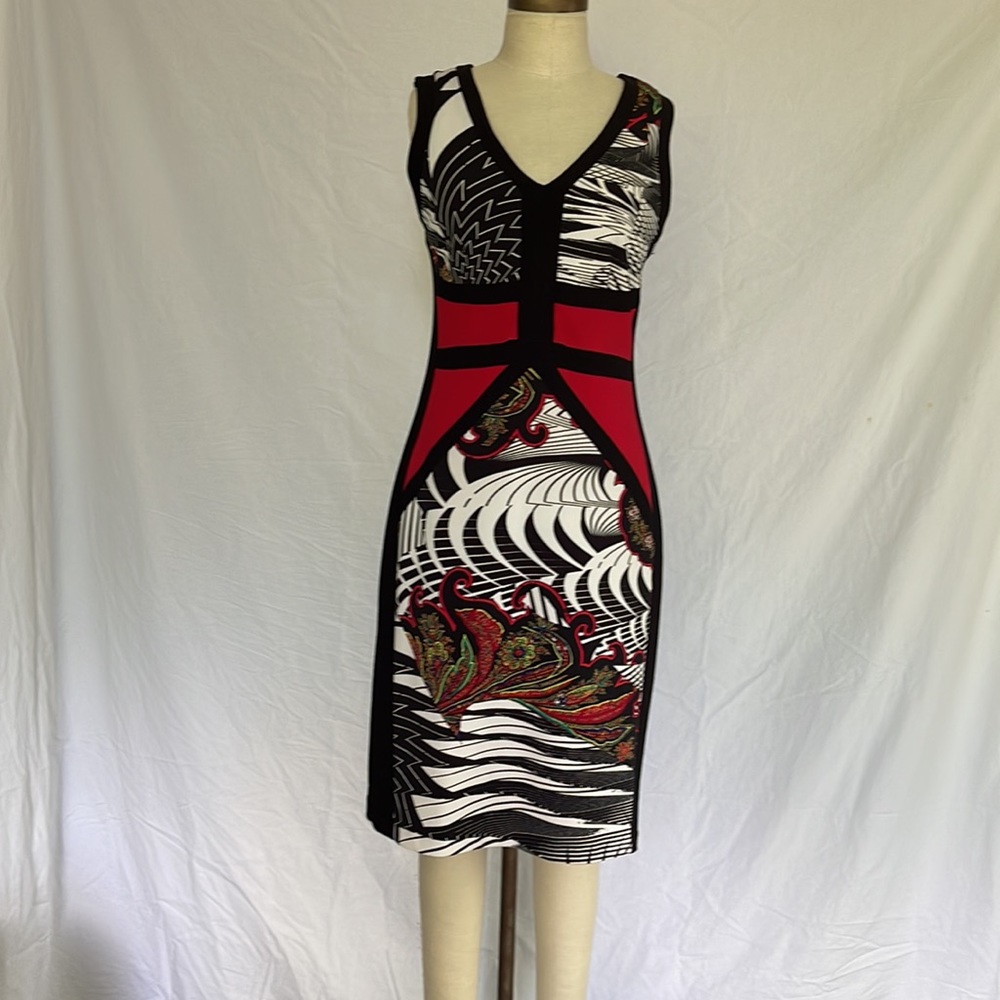Frank Lyman sleeveless black red white print dress size 10